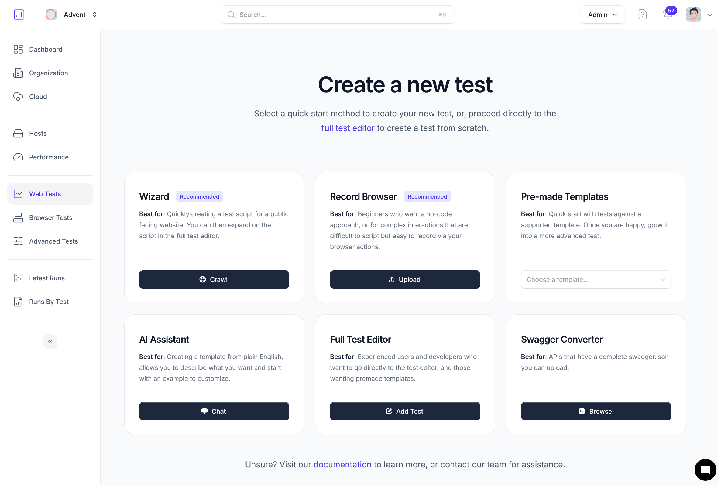 Create tests via Swagger upload, browser recording, or Python