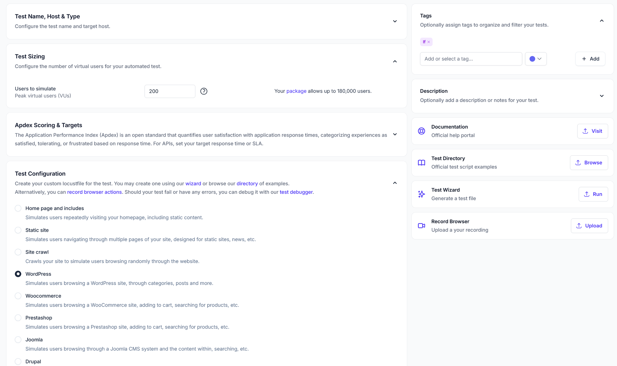 LoadForge interface testing a static website